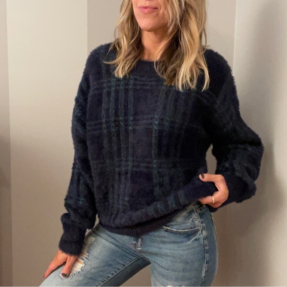 Fuzzy Warm Green + Black Plaid Sweater - Picture 2 of 10